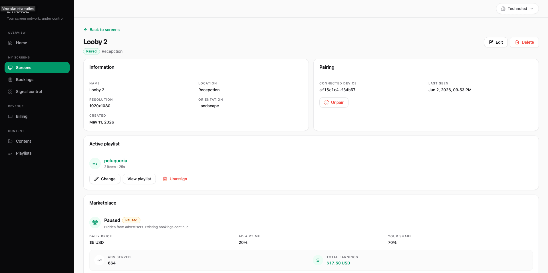 ZYNAGE screen earnings — marketplace revenue share and stats