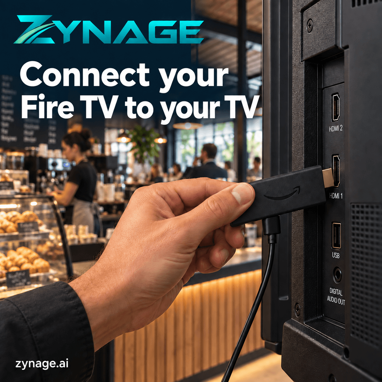 A hand plugging an Amazon Fire TV stick into the HDMI port on the back of a TV inside a café