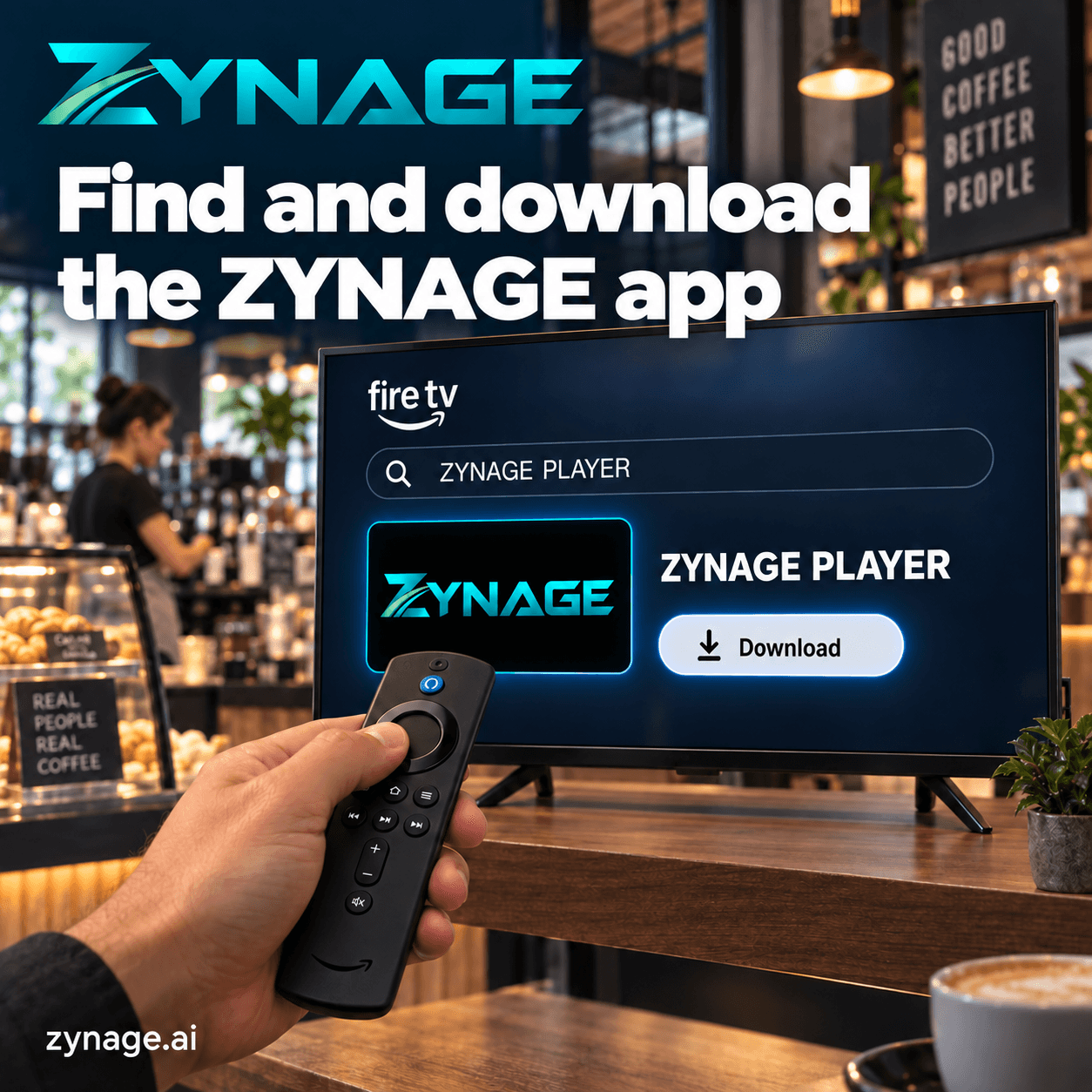 A Fire TV remote pointed at a TV showing the ZYNAGE Player app ready to download from the Fire TV store