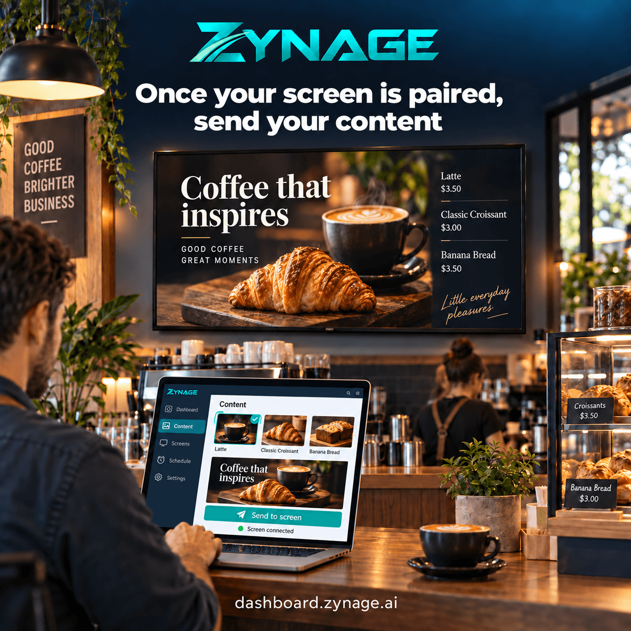 A café TV showing a digital coffee menu, sent from the ZYNAGE dashboard on a laptop