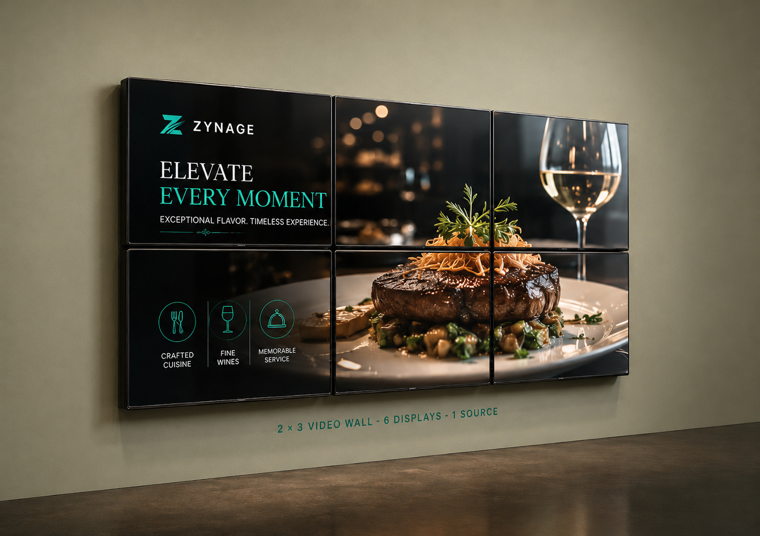 Video wall demo: one image displayed across a 2×3 grid of six synchronized screens